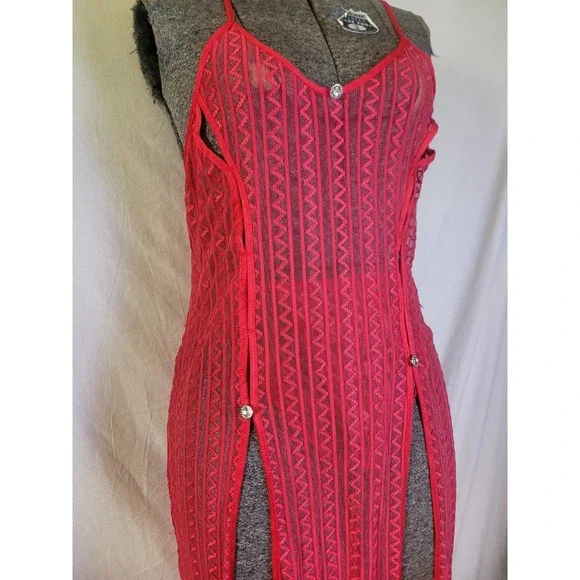 Vintage 80s 90s Red Mesh Geometric Double Slit Nightgown Lingerie Long Sheer M‎